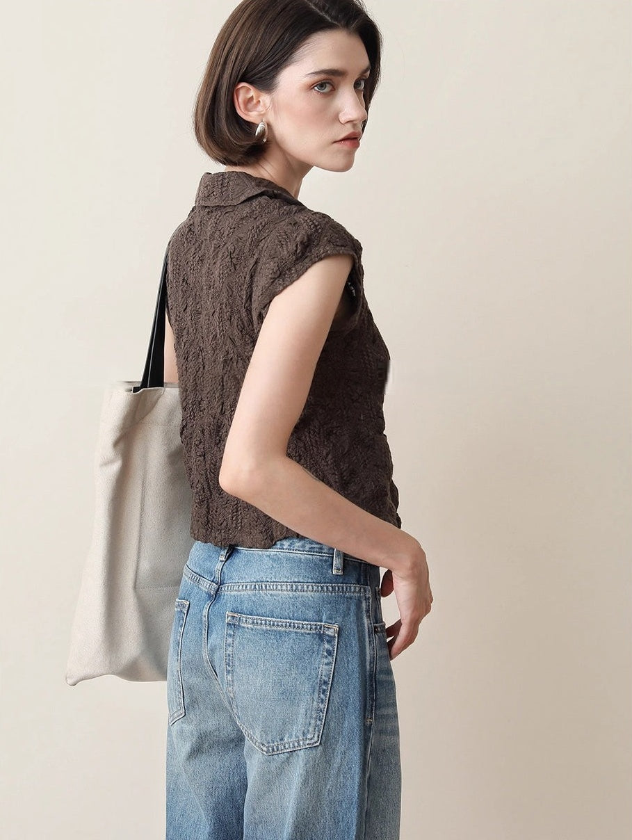 立体刺繍コットン 小襟プリーツショートトップス