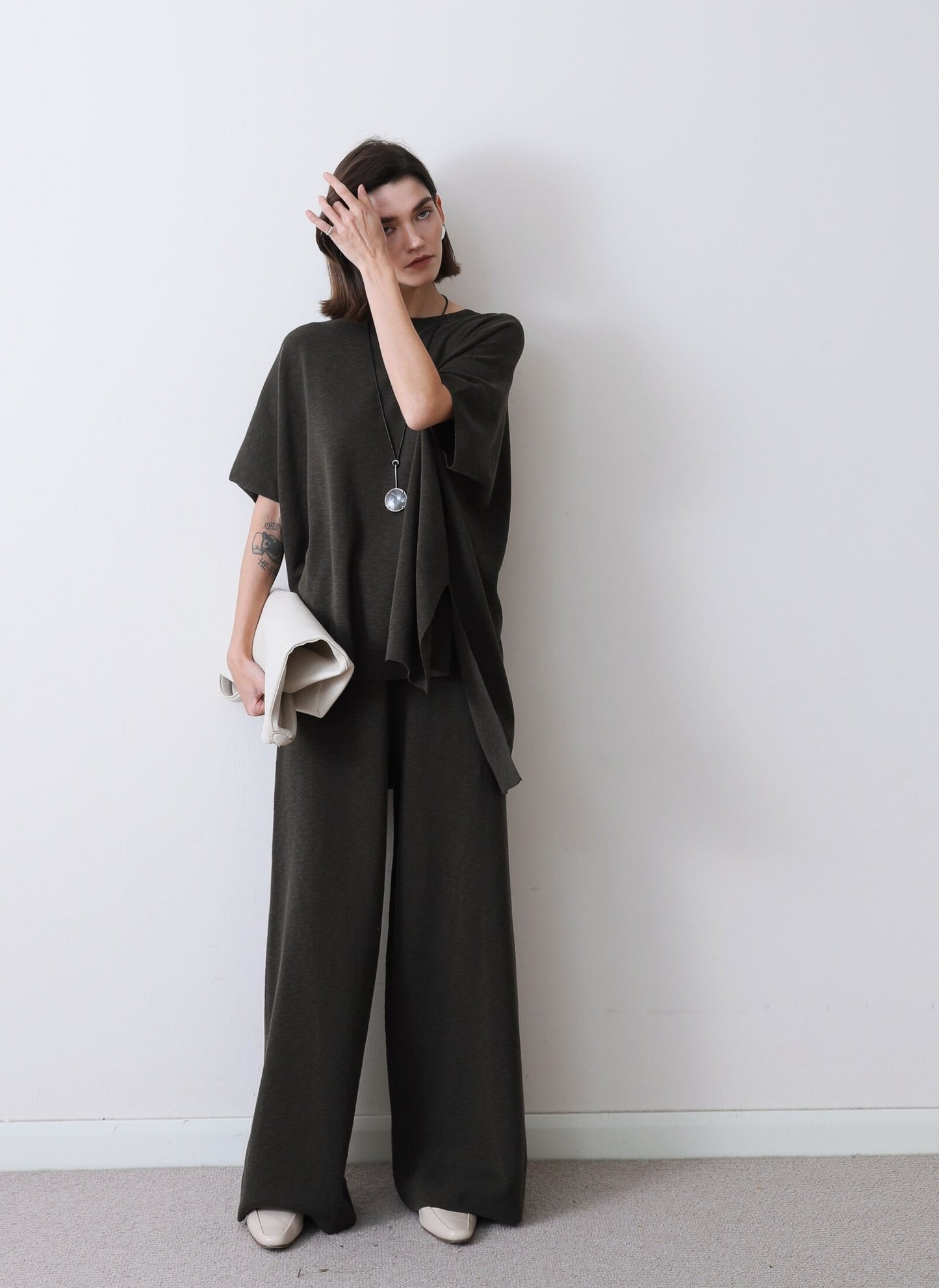 清冷系 フレンチリネン混 セットアップ ワイドパンツ ミニマルモード レディース