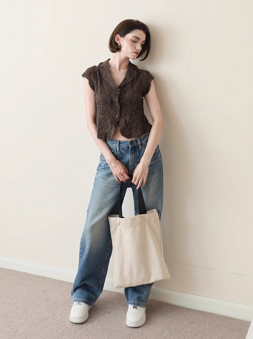 立体刺繍コットン 小襟プリーツショートトップス