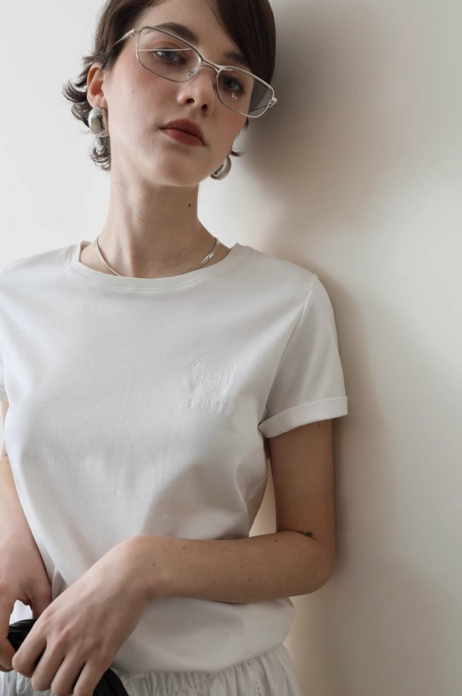 シルケットコットン 刺繍ロゴ 半袖Tシャツ 折り返しスリーブ ゆったり ホワイト